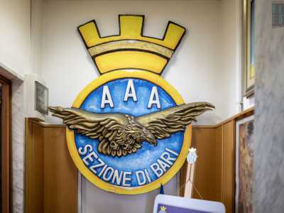 A dominare l�ingresso c�� il grande stemma circolare dell�AAA con una corona che sovrasta un�aquila in volo